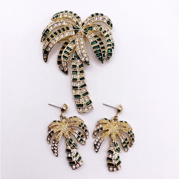 Palm Tree Rhinestones And Enamel Earrings and Brooch Set - Picture 3 of 6